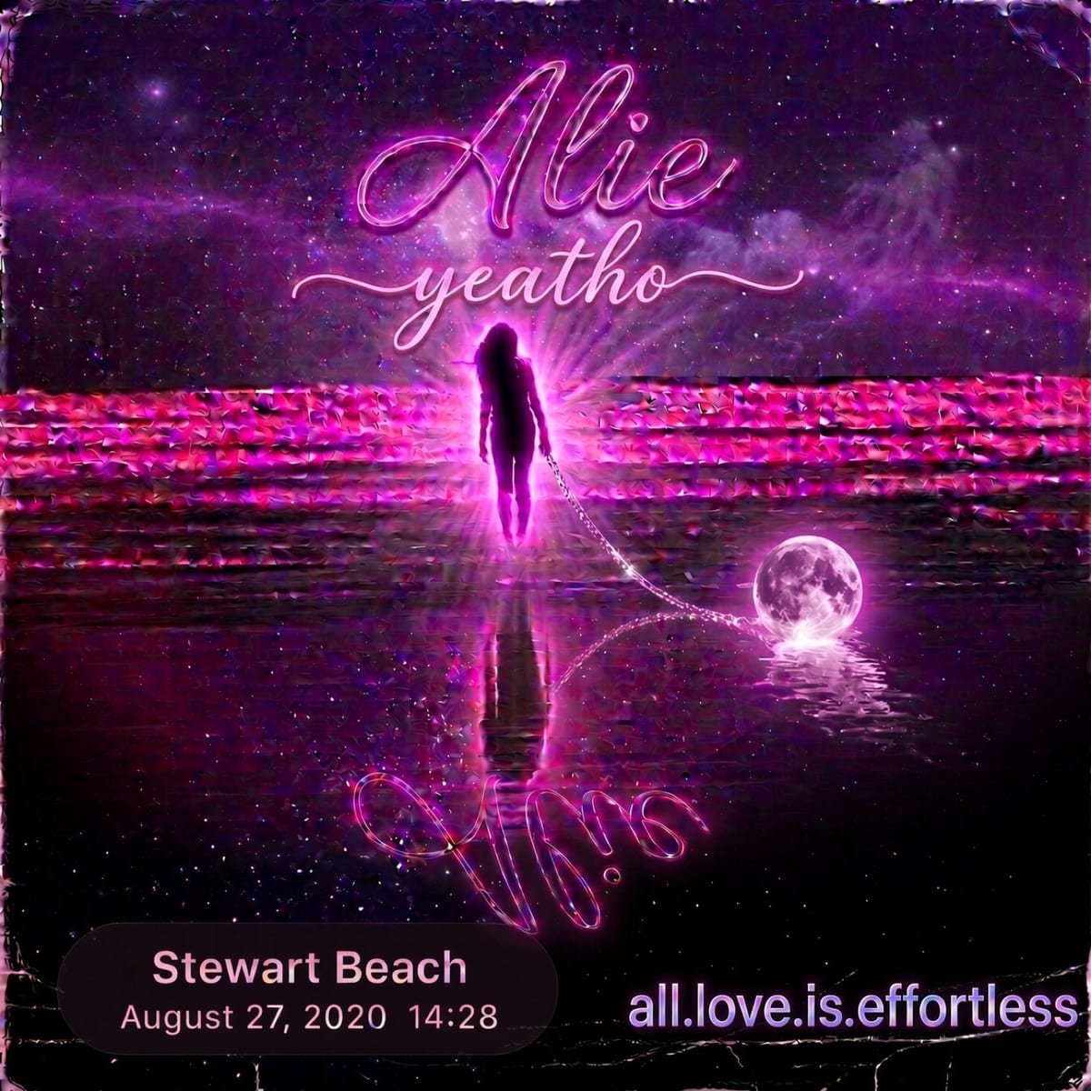 Alie album cover by yeatho, a silhouette walking into glowing surf at night.